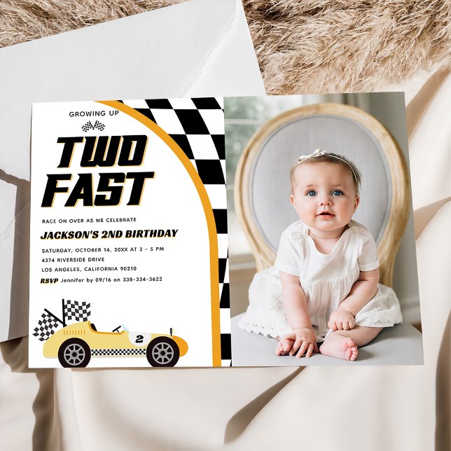 Two Fast Yellow Race Car Birthday Party Photo  Invitation (Creator Uploaded)