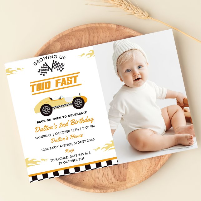 Two Fast Yellow Race Car Boy 2nd Birthday Photo Invitation (Creator Uploaded)