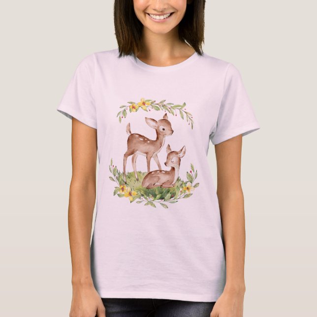 Two Fawn Deer in Flowers at Spring Time T-Shirt (Front)