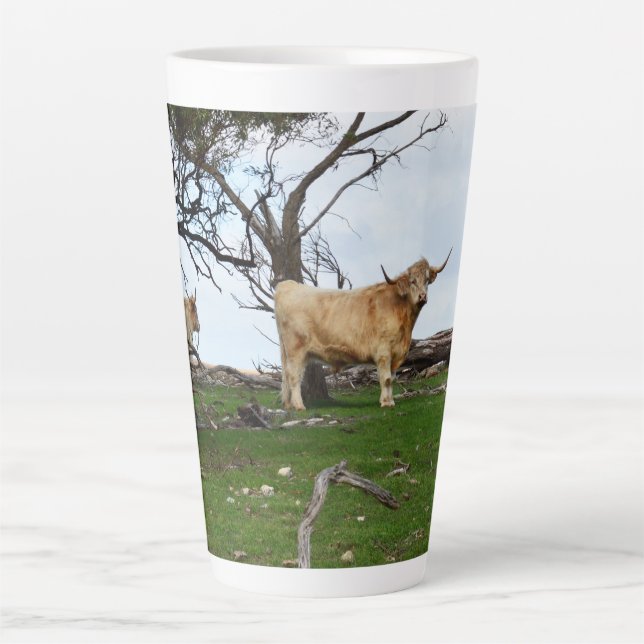 Two Fawn Highland Cows in Peaceful Country Lands, Latte Mug (Front)