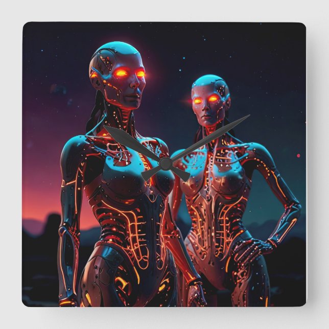 Two Female Cyborgs with Glowing EyES Square Wall Clock (Front)