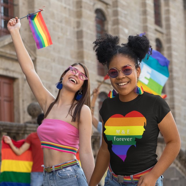 Two Female Rainbow Flag Pride Silhouette Monogram T-Shirt (Two Female Rainbow Flag Pride Silhouette Monogram T-Shirt)
