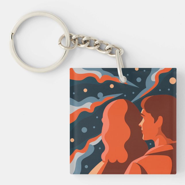 Two Figures Contemplating an Abstract Cosmic Scene Key Ring (Front)