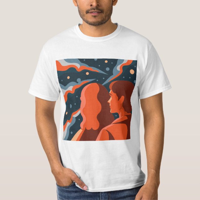 Two Figures Contemplating an Abstract Cosmic Scene T-Shirt (Front)