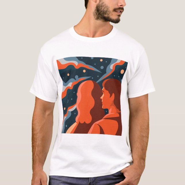 Two Figures Contemplating an Abstract Cosmic Scene T-Shirt (Front)