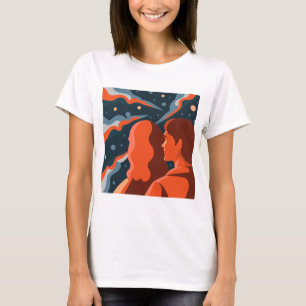 Two Figures Contemplating an Abstract Cosmic Scene T-Shirt