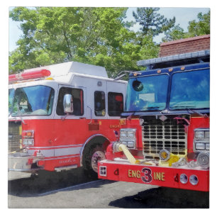 Two Fire Engines in Front of Firehouse Tile