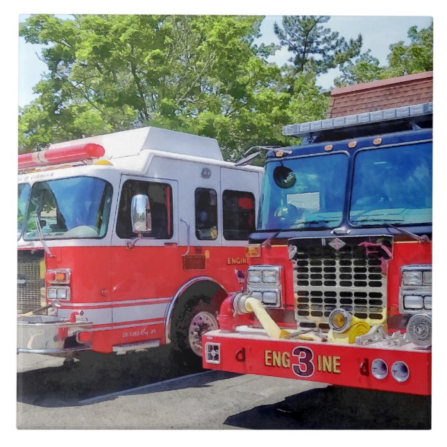 Two Fire Engines in Front of Firehouse Tile (Front)
