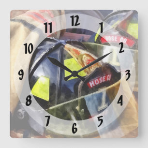 Two Fire Helmets And Fireman's Jacket Square Wall Clock