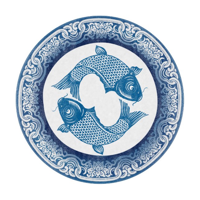 Two Fish Koi Carp Pisces Chinoiserie Blue Pattern Cutting Board (Front)