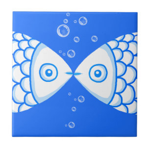 Two Fish Pisces Blue White Abstract Pattern Tile