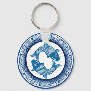 Two Fish Pisces Koi Carp Chinoiserie Blue Pattern Key Ring