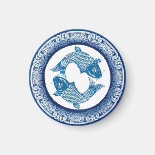 Two Fish Pisces Koi Carp Chinoiserie Blue Pattern Magnet