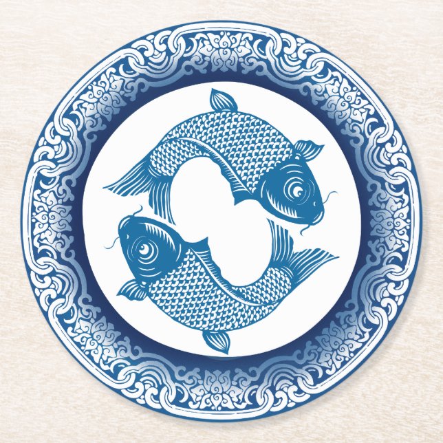 Two Fish Pisces Koi Carp Chinoiserie Blue Pattern Round Paper Coaster (Front)