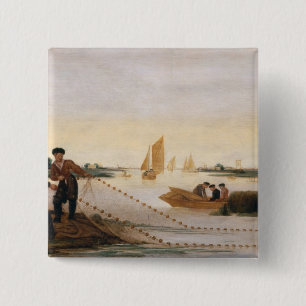 Two Fishermen Pulling in their Nets 15 Cm Square Badge