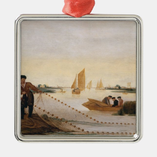 Two Fishermen Pulling in their Nets Metal Tree Decoration (Front)