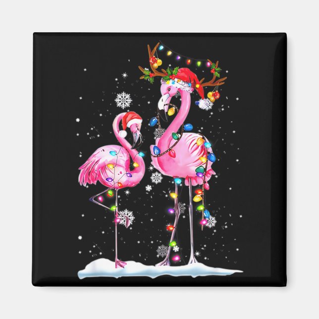 Two Flamingo With Santa Hat And Lights Merry Chris Magnet (Front)