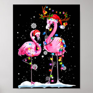 Two Flamingo With Santa Hat And Lights Merry Chris Poster