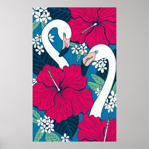 Two flamingos among hibiscus and plumeria flowers  poster