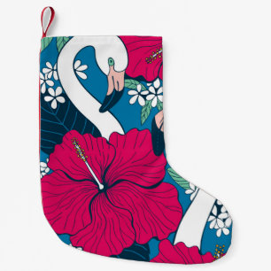 Two flamingos among hibiscus and plumeria flowers small christmas stocking