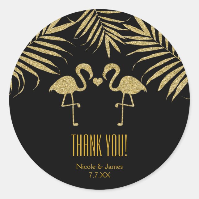 Two Flamingos Love Black & Gold Favour Stickers (Front)