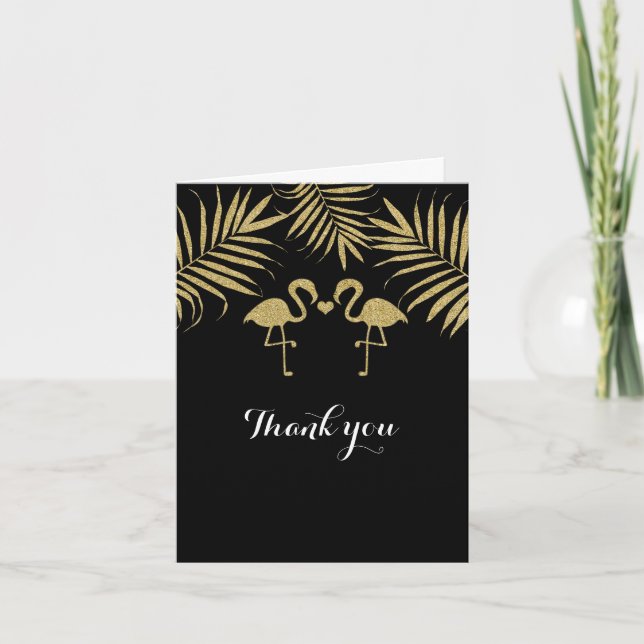 Two Flamingos Love Black & Gold Wedding Card (Front)