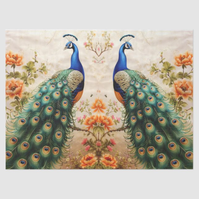 Two Floral Peacocks Decoupage Tissue Paper (Front)