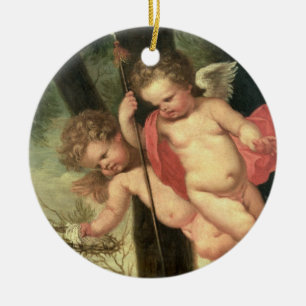 Two Flying Cherubs, holding the Crown of Thorns an Ceramic Tree Decoration