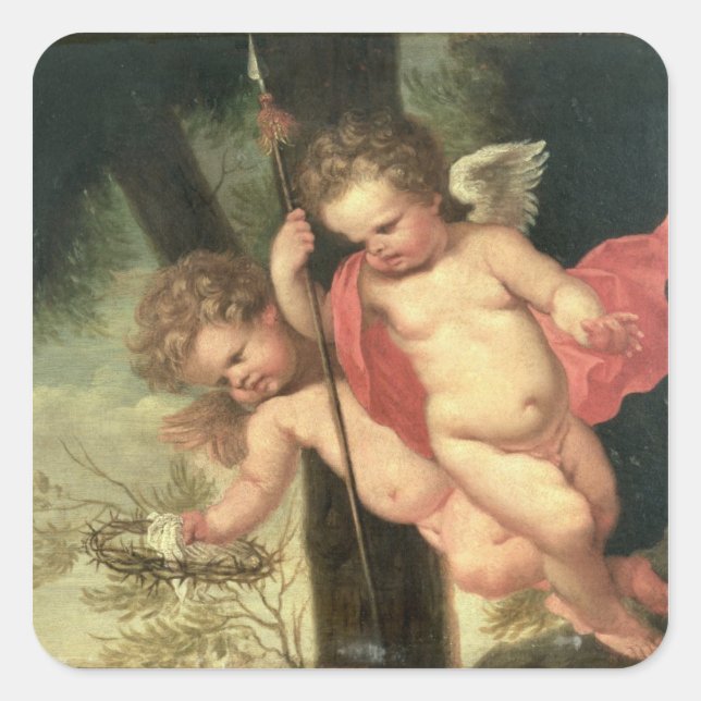 Two Flying Cherubs, holding the Crown of Thorns an Square Sticker (Front)