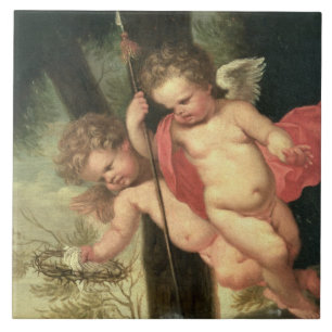 Two Flying Cherubs, holding the Crown of Thorns an Tile