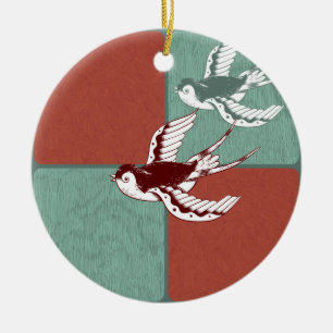 Two Flying Sparrows Birds Red Blue Colour Blocks Ceramic Tree Decoration