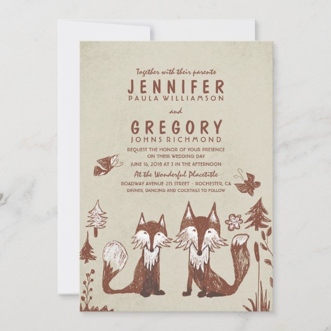 Two Foxes Woodland Wedding Invitation (Front)