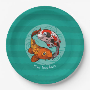 Two Friendly Koi Carp Swimming Cartoon With Text Paper Plate