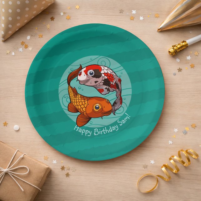 Two Friendly Koi Carp Swimming Cartoon With Text Paper Plate (Creator Uploaded)