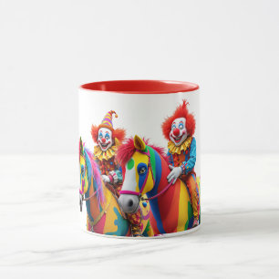 Two funny clowns on their horses. mug