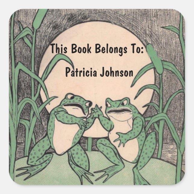 Two Funny Green Fighting Frogs Lily Pad Full Moon Square Sticker (Front)