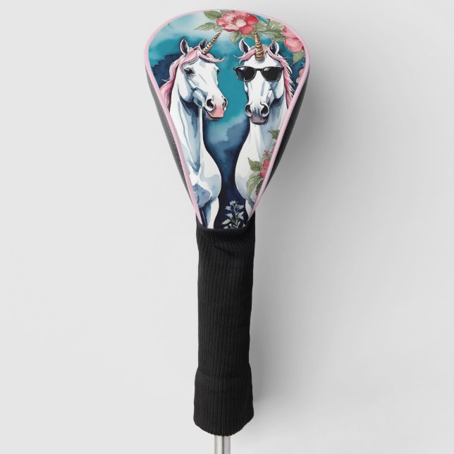 Two Funny Unicorns With Pink Flowers Golf Head Cover (Front)