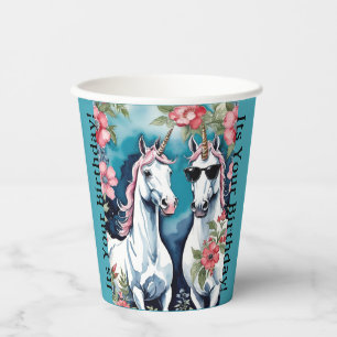 Two Funny Unicorns With Pink Flowers Paper Cups