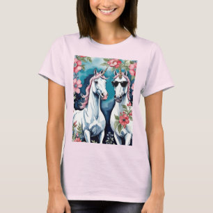 Two Funny Unicorns With Pink Flowers T-Shirt