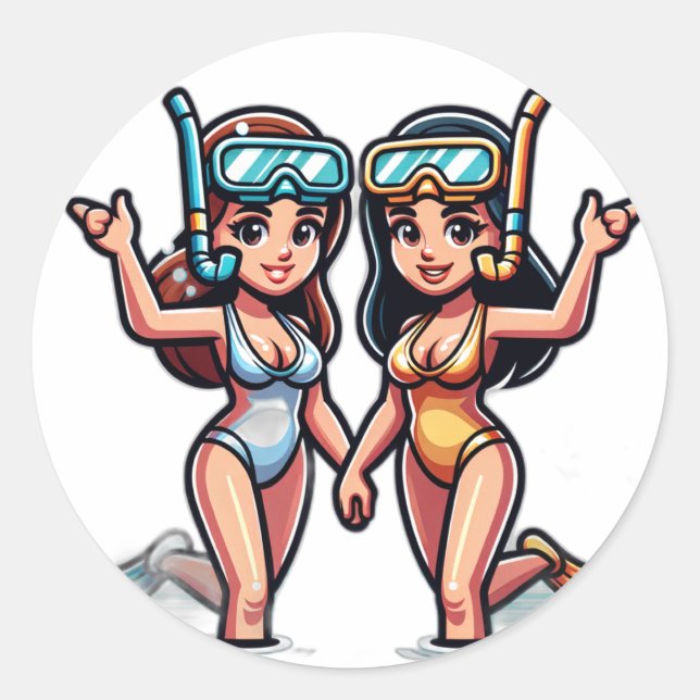 Two gals snorkelling classic round sticker (Front)