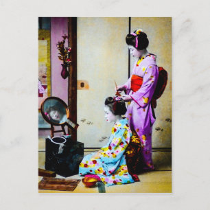 Two Geisha Doing Hair Vintage Old Japanese Postcard