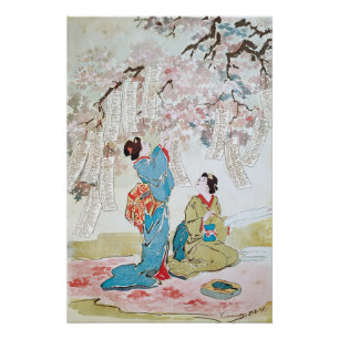 Two geisha under a blooming cherry tree poster