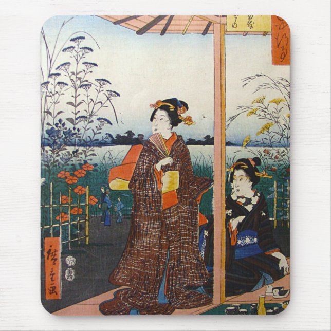 Two Geishas Japanese Traditional Woodblock Ukiyo-E Mouse Pad (Front)
