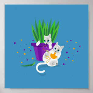 Two Geometric white cats playing around Poster