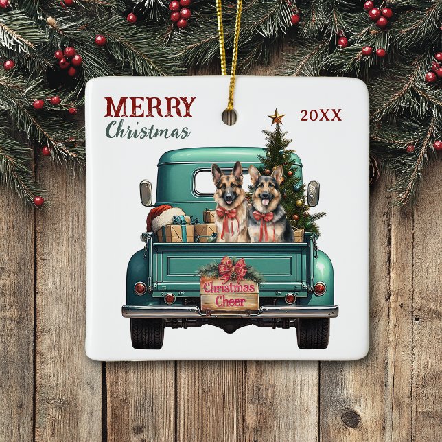 Two German Shepherd Dogs Retro Truck Christmas Ceramic Ornament (Creator Uploaded)