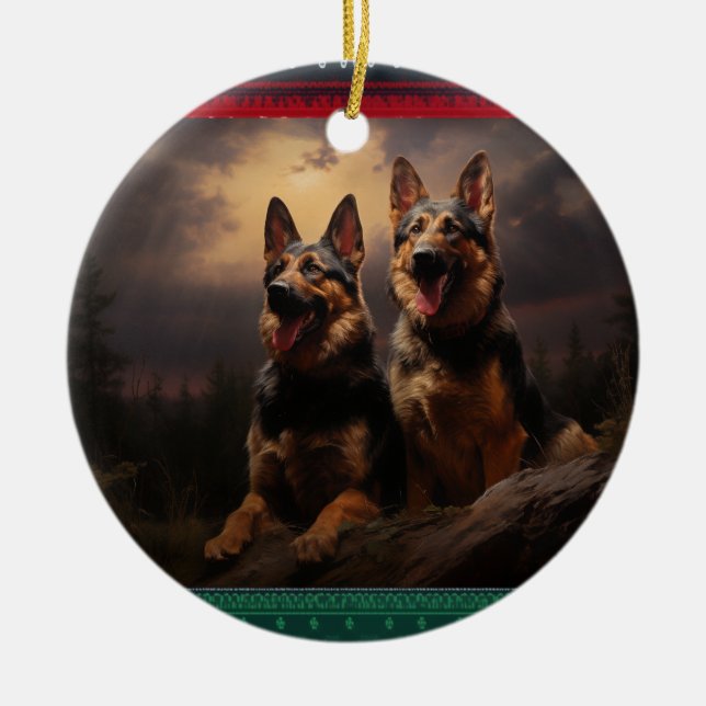 Two German Shepherds at Dusk Ceramic Tree Decoration (Front)