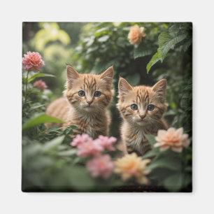 Two Ginger Kittens Exploring A Lush Garden Magnet