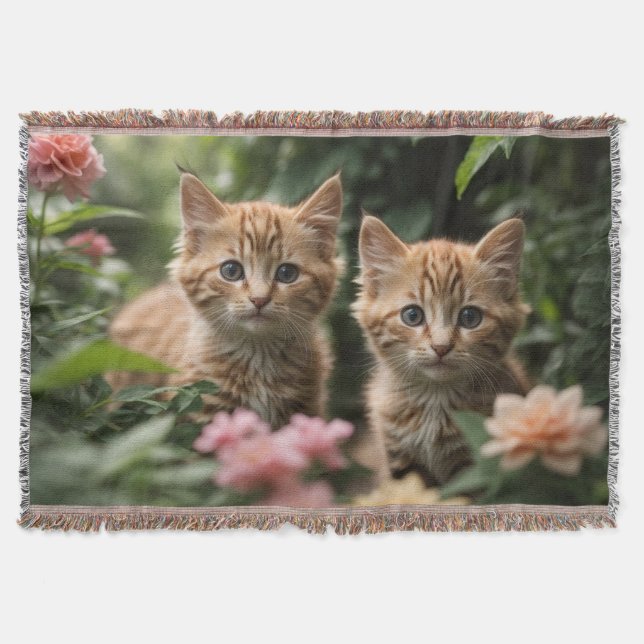 Two Ginger Kittens Exploring A Lush Garden Throw Blanket (Front)