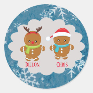 Two Gingerbread People on Snowflakes with Names Classic Round Sticker