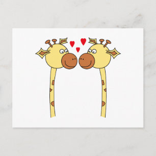 Two Giraffes with Red Love Hearts. Cartoon Postcard